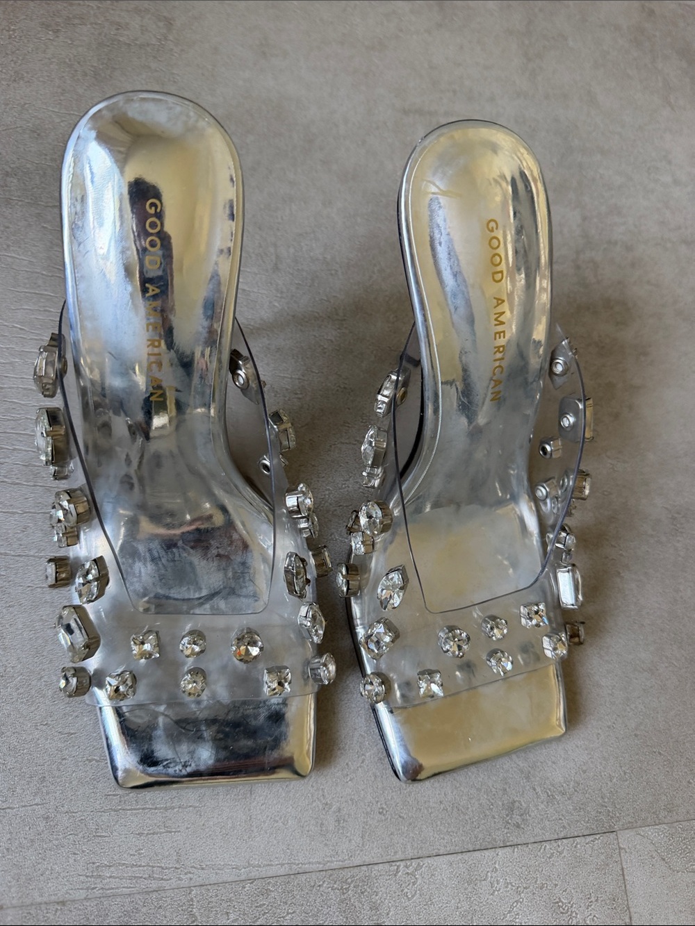 Good American Silver Jeweled Clear Strap Slide Heels